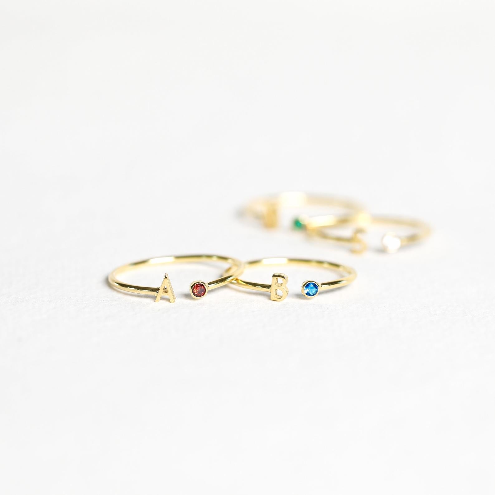 Modern Initial Birthstone Ring: Personalized Sparkle 18K Gold